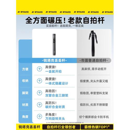 銳塔克2025丟丟桿自拍桿落地三腳架一體式手持自拍神器可攜式支架