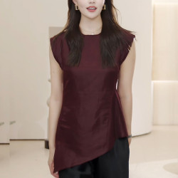 2025夏季新款紅色大碼女裝胖MM無袖打底衫不規則下擺背心收腰上衣