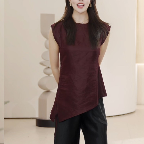 2025夏季新款紅色大碼女裝胖MM無袖打底衫不規則下擺背心收腰上衣