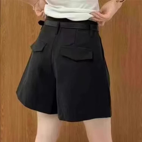 歐洲站25夏季新款工裝風卷邊高腰寬松休閒女短褲褶皺A字濶腿熱褲