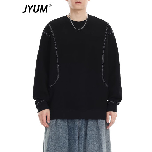 JYUM美式黑色衛衣男士2025新款春秋季潮休閒寬松圓領內搭打底衫