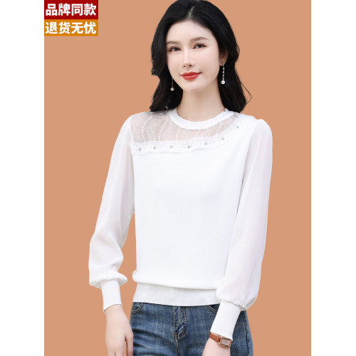 冰絲針織衫女長袖上衣2025新款薄款蕾絲紗紗袖桑蠶絲打底衫春秋季