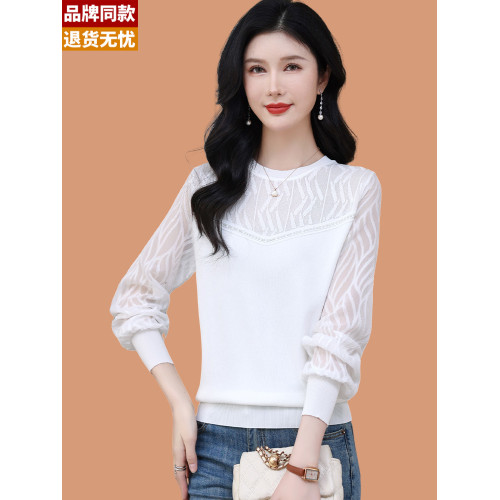 冰絲針織衫女長袖上衣2025新款薄款蕾絲紗紗袖桑蠶絲打底衫春秋季