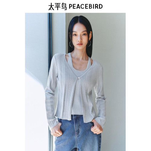 太平鳥女裝假兩件針織衫25春季新款細閃銀線肌理感上衣時尚打底衫