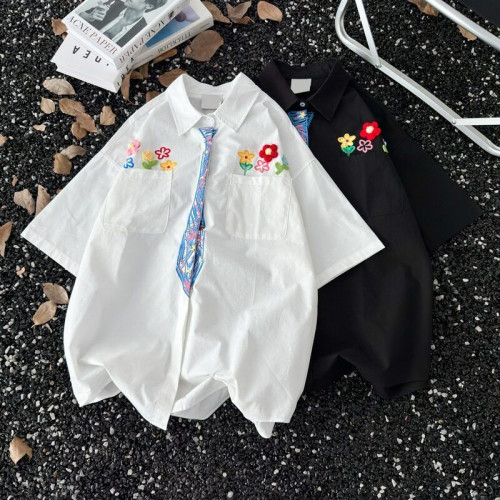 日系文藝小清新花朵刺綉全棉白襯衫女春秋韓範秋打底衫休閒上衣潮