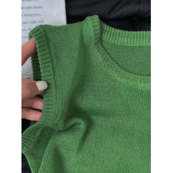 炒雞推薦！青檸檬色無袖背心女圓領鏤空高級感修身顯瘦針織打底衫