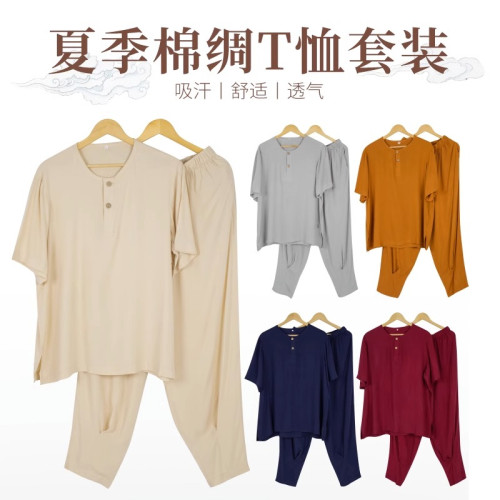 僧服夏季薄款打底衫內衣短袖睡衣全套和尚出家僧人男女棉綢僧侶服
