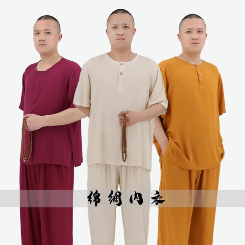 僧服夏季薄款打底衫內衣短袖睡衣全套和尚出家僧人男女棉綢僧侶服
