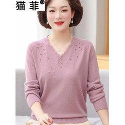 媽媽春裝針織打底衫上衣女2025新款春秋中老年人氣質長袖薄款毛衣