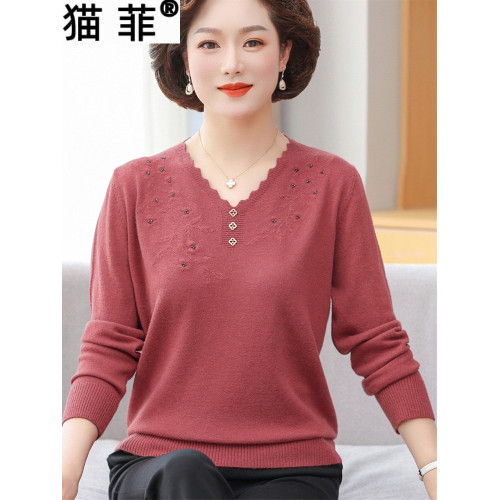 媽媽春裝針織打底衫上衣女2025新款春秋中老年人氣質長袖薄款毛衣