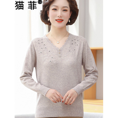 媽媽春裝針織打底衫上衣女2025新款春秋中老年人氣質長袖薄款毛衣