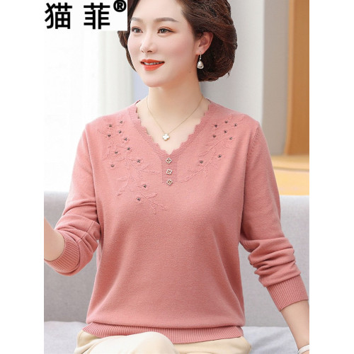 媽媽春裝針織打底衫上衣女2025新款春秋中老年人氣質長袖薄款毛衣