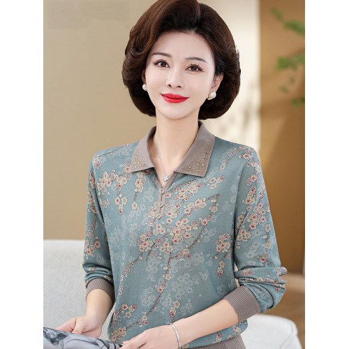 媽媽秋裝冰絲小衫洋氣上衣薄款50嵗中老年女春秋裝長袖翻領打底衫