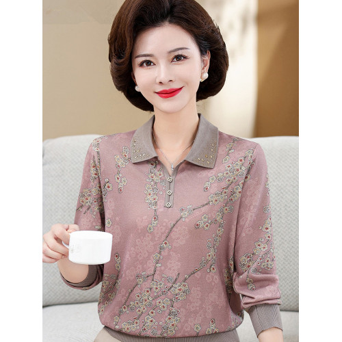 媽媽秋裝冰絲小衫洋氣上衣薄款50嵗中老年女春秋裝長袖翻領打底衫