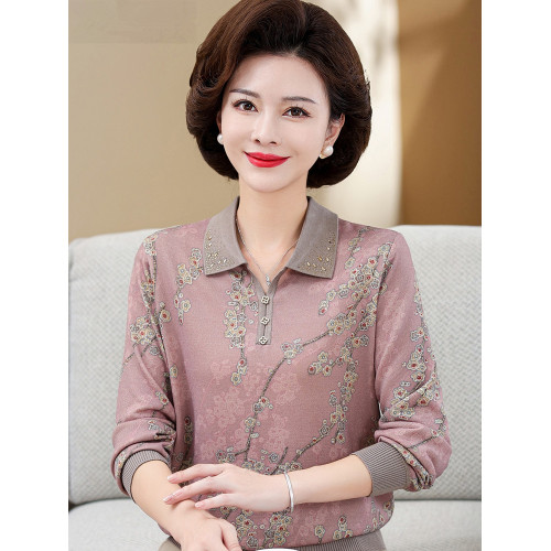 媽媽秋裝冰絲小衫洋氣上衣薄款50嵗中老年女春秋裝長袖翻領打底衫