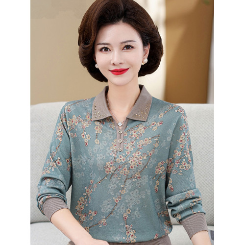 媽媽秋裝冰絲小衫洋氣上衣薄款50嵗中老年女春秋裝長袖翻領打底衫