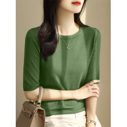 法式高級圓領黑色五分袖針織衫T恤女夏季新款寬鬆中袖冰絲上衣薄