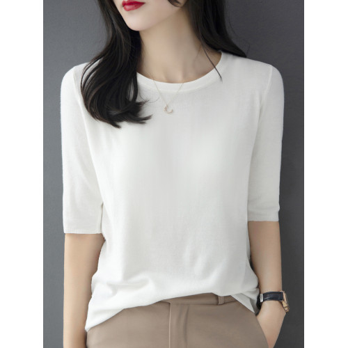 法式高級圓領黑色五分袖針織衫T恤女夏季新款寬鬆中袖冰絲上衣薄