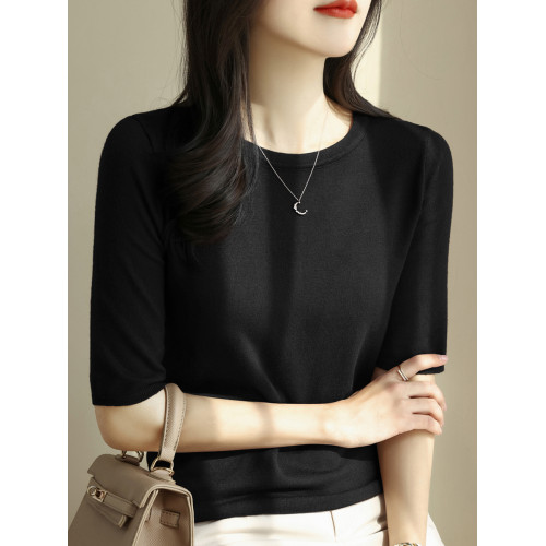 法式高級圓領黑色五分袖針織衫T恤女夏季新款寬鬆中袖冰絲上衣薄