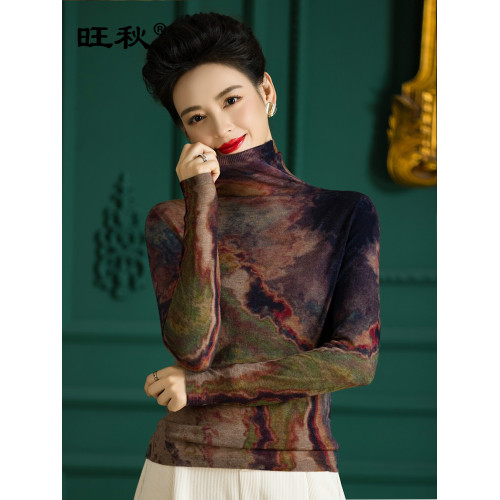 高檔薄款水溶羊毛衫女春秋套頭長袖精紡打底衫氣質媽媽裝印花毛衣