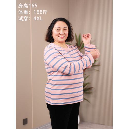 老年人外穿大碼條紋上衣長袖200斤寬松中老年媽媽打底衫內搭純棉