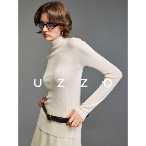 UZZO澳洲美麗諾羊毛_ 冬日小暖爐50支無縫半高領鏤空針織打底衫