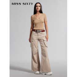 【大領口】Miss Sixty桑蠶絲針織衫上衣女V領修身肌理感短款