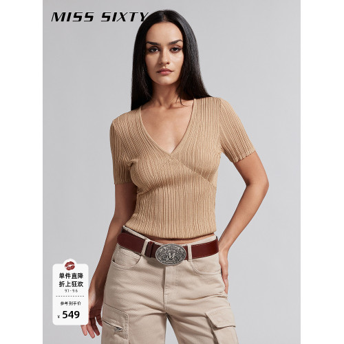 【大領口】Miss Sixty桑蠶絲針織衫上衣女V領修身肌理感短款