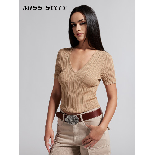 【大領口】Miss Sixty桑蠶絲針織衫上衣女V領修身肌理感短款