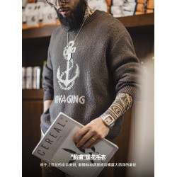 馬登工裝 美式復古針織船錨提花毛衣vintage套頭圓領打底衫男春