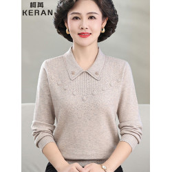 中老年女秋冬翻領羊毛衫寬松上衣中年媽媽春秋針織毛衣打底衫套裝