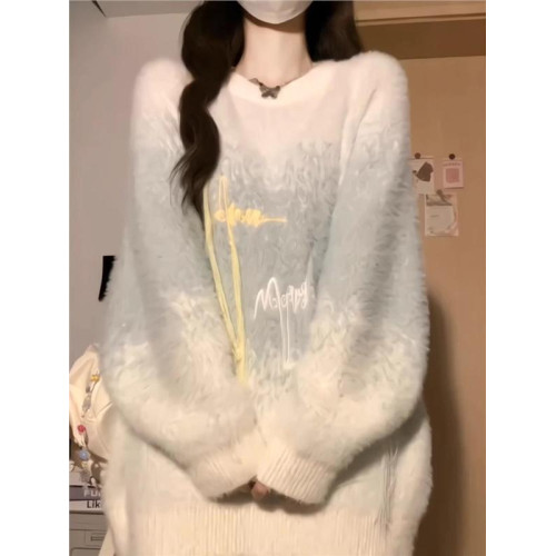 水貂絨毛衣女秋冬寬松高中初中學生大童加絨加厚奶fufu針織打底衫