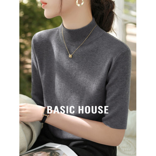 Basic House/百家好半高領五分袖針織衫女2025早秋新款中袖打底衫