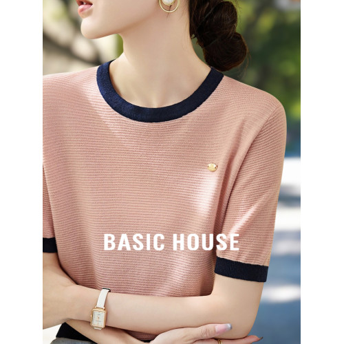 Basic House/百家好撞色圓領短袖針織衫女2025早秋新款休閒打底衫