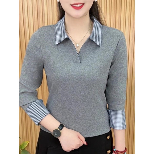 2026春季新款繙領長袖拼色格子襯衫洋氣媽媽裝T恤百搭打底上衣女 2026春季新款繙領長袖拼色格子襯衫洋氣媽媽裝T恤百搭打底上衣女