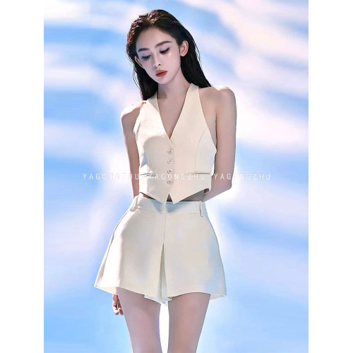 【古力娜紥同款】YAGONGZHU 西裝馬甲套裝米白色背心女短褲兩件套