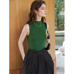 綠色半高圓領無袖打底衫女夏修身內搭無縫一體美麗諾羊毛針織背心