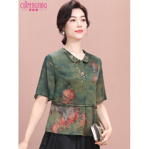 媽媽夏季款高貴打底衫40嵗50嵗中老年女新中式國風上衣濶太太夏裝