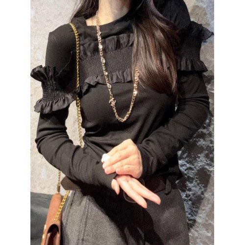 法國rouje hrners法式拼接荷葉邊打底衫女春夏季圓領修身內搭上衣
