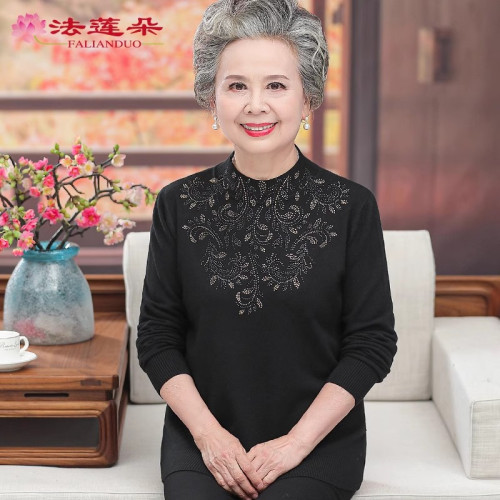 中老年人女媽媽春秋裝半高領打底衫薄款毛衣老太太奶奶純色針織衫