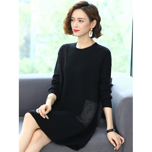 媽媽裝秋裝上衣洋氣大碼中長款打底衫女秋冬季中年婦女針織連衣裙