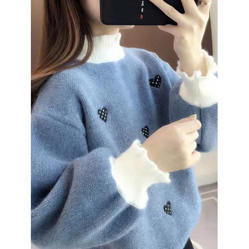 2025年秋冬季新款女毛衣寬松慵懶風半高領套頭加厚加絨針織打底衫