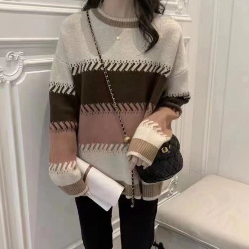 初中學生冬款條紋毛衣 少女學院風毛線衫 圓領拼色寬松內搭打底衫