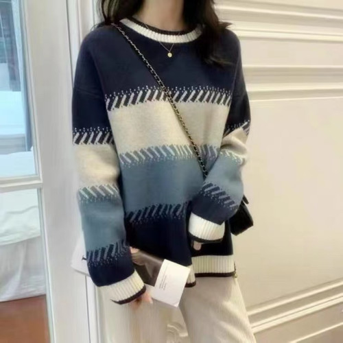 初中學生冬款條紋毛衣 少女學院風毛線衫 圓領拼色寬松內搭打底衫