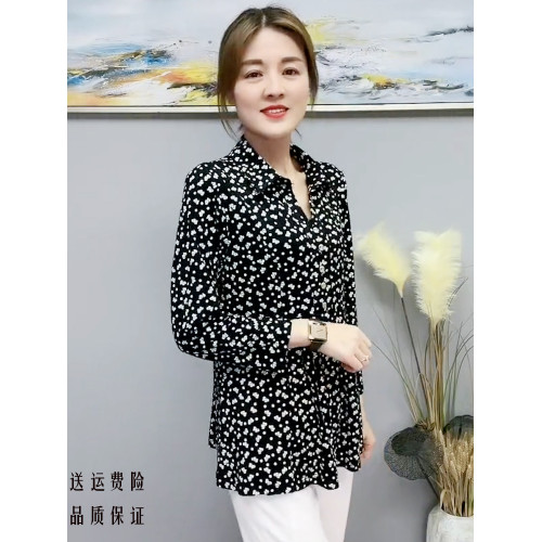 中年媽媽裝遮肚顯瘦印花襯衣早秋新款翻領碎花遮肚彈力打底衫小衫