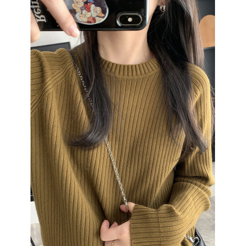 趙可樂2023冬季新親膚安迪絨純色針織打底衫百搭插肩坑條顯瘦內搭