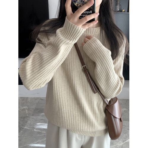 趙可樂2023冬季新親膚安迪絨純色針織打底衫百搭插肩坑條顯瘦內搭