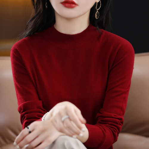 精紡純羊毛衫女洋氣半高領針織衫春秋新款薄毛衣長袖短款打底衫