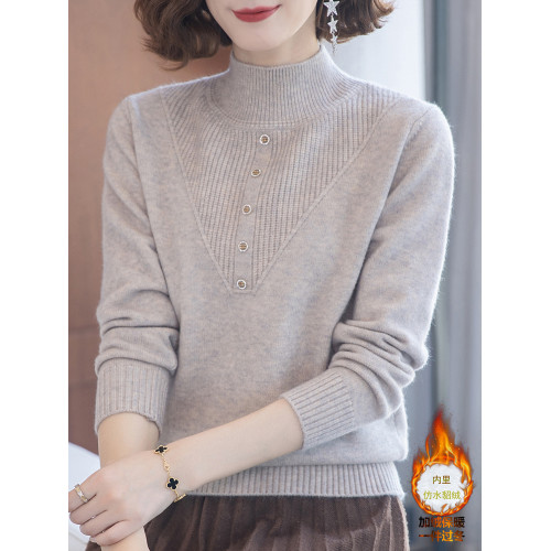 媽媽冬裝加絨加厚打底衫毛衣2023新款中老年女半高領保暖內搭上衣