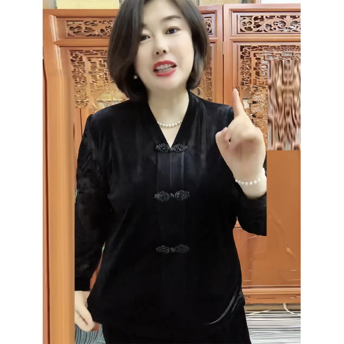 氣質媽媽絲絨小衫高品質復古盤釦上衣拼接設計感大碼顯瘦打底衫女